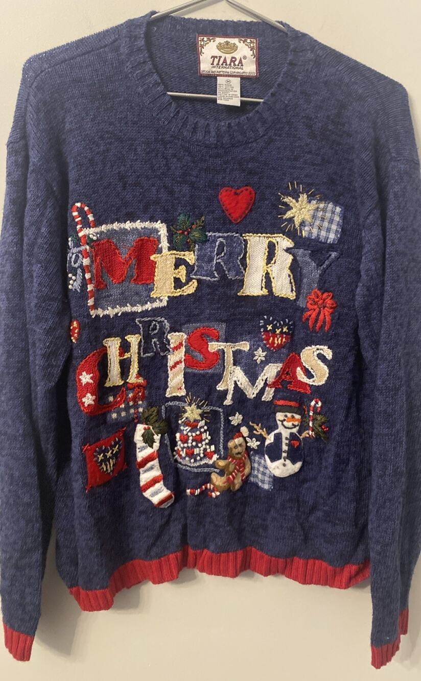 Tiara International Women's Vintage Christmas Sweater Snowman Tree Embroidered